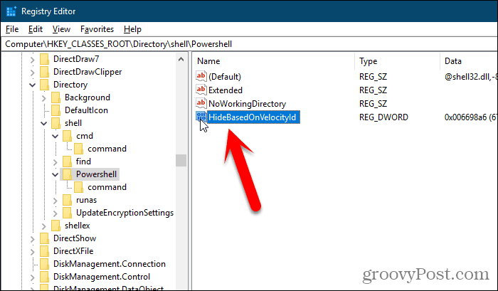 Gi nytt navn ShowBasedOnVelocityId-nøkkel i Windows Registry Editor