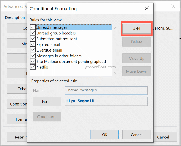 Klikk Legg til for å legge til en ny betinget formatregel i Outlook
