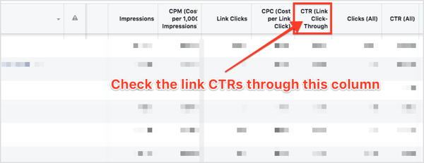 I delen Annonsesett på dashbordet blar du til høyre og finner kolonnen CTR (Link Click-Through).