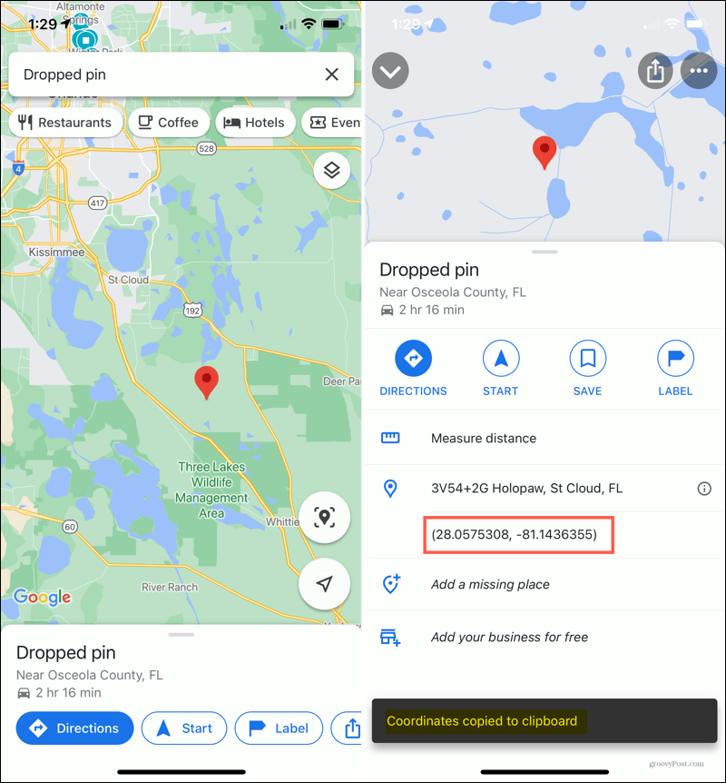 iPhone droppet pin i Google Maps