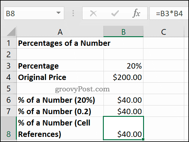 Prosenter av et tall, vist i Microsoft Excel