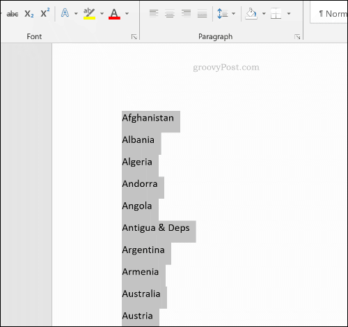 En sortert liste i Microsoft Word
