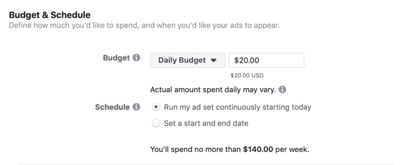 Facebook Ads Manager, Budget & Schedule-delen for annonsesett