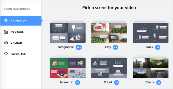 Du kan legge til en rekke animasjoner og videoopptak i Biteable-videoen din.