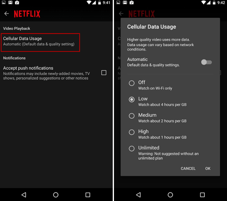 Begrens bruk av Netflix-data på Android eller iPhone for å unngå driftsavgifter