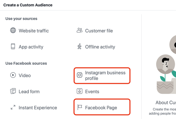 Bruk Facebook-annonser til å annonsere for folk som besøker Facebook-siden din eller Instagram, trinn 1.