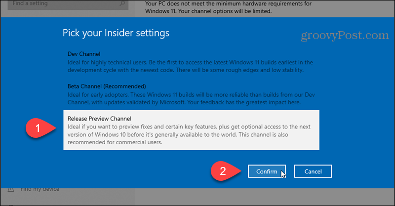 Velg forhåndsvisningskanalen for utgivelsen for Windows Insider-programmet