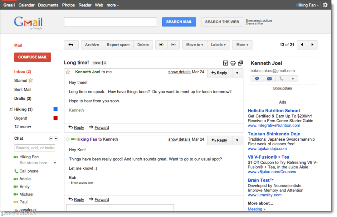 Forhåndsvisningssamtale for Gmail