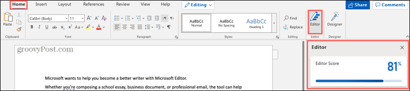 Microsoft Editor-knapp og sidefelt i Word online