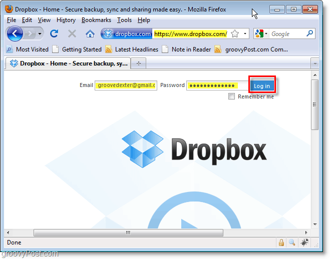 Dropbox-skjermbilde - logg inn på dropbox