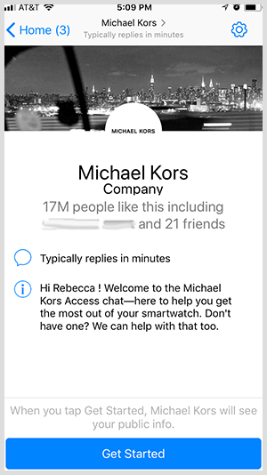 For å velge en Messenger-bot som den fra Michael Kors, klikker brukerne på Kom i gang-knappen.