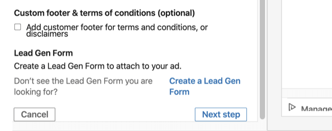 Alternativet Lead Gen Form i Basic Info-delen av oppsettet for LinkedIn-samtaleannonser