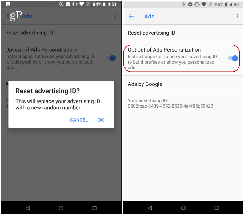 tilbakestill annonserings-ID Android
