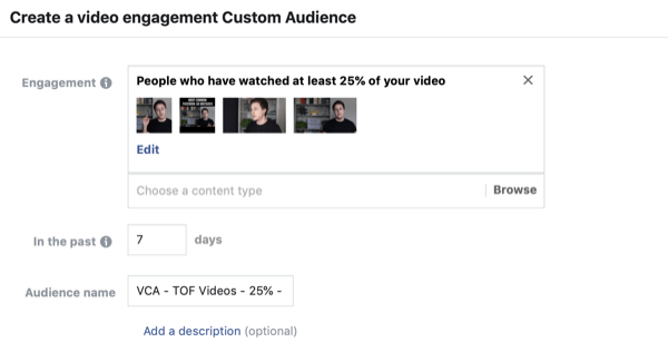 Opprett Facebooks tilpassede målgruppe for videovisere, trinn 2.