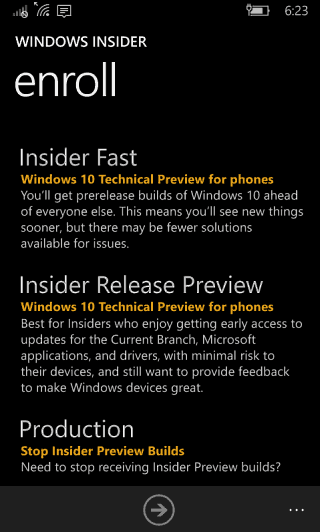 Forhåndsvisning av Windows 10 Mobile Insider