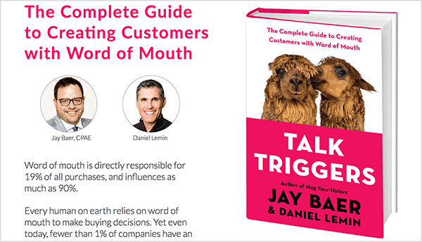Dette er et skjermbilde av Talk Triggers-nettstedet. Til venstre er det tekst om boka og bilder av Jay Baer og Daniel Lemin. Til høyre er bokomslag for Talk Triggers.