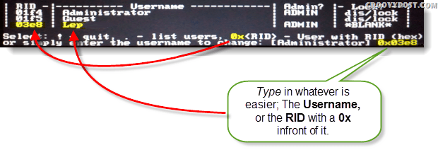 Plukke ut!, slutte. - liste brukere, 0x <RID> - Bruker med RID (hex) eller skriv inn brukernavnet for å endre: [Administrator]