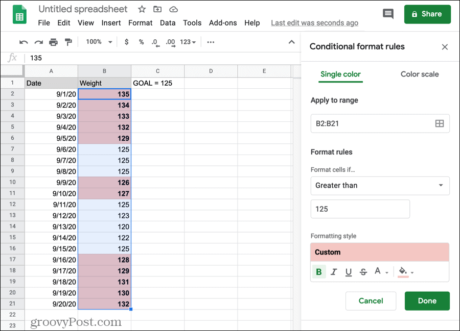 Betinget formatering for tall i Google Sheets