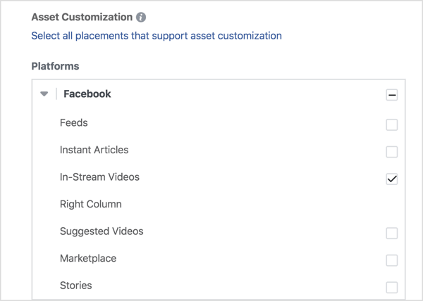 Hvis du bare vil vise videoannonsene dine på Facebook, velger du In-Stream-videoer under Facebook.