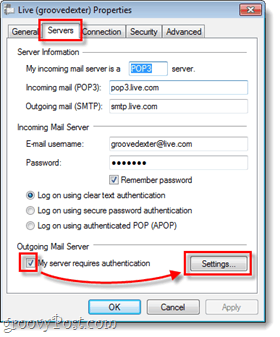 Windows Live Mail-servere og innstillinger for utgående post