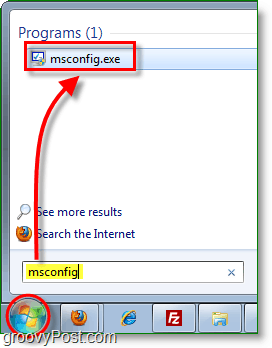 start msconfig.exe fra startmenyen i Windows 7