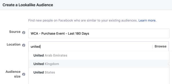 Innstillinger for å lage ditt Facebook Lookalike-publikum fra ditt tilpassede publikum.