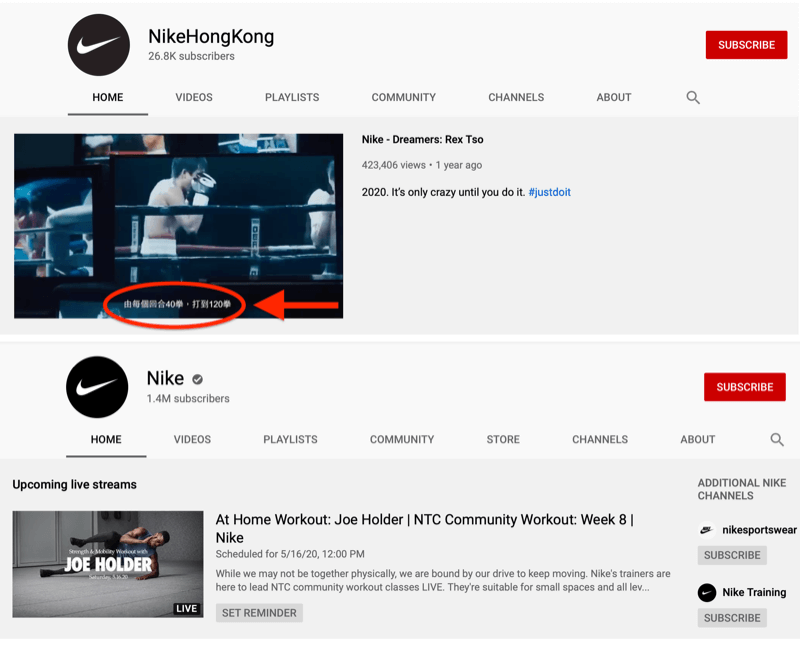 Nike YouTube-konto og markedsspesifikk Hong Kong-konto