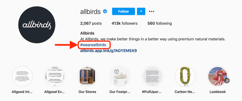 eksempel på en firmahashtagg som er inkludert i profilbeskrivelsen til @allbirds instagram-kontoen