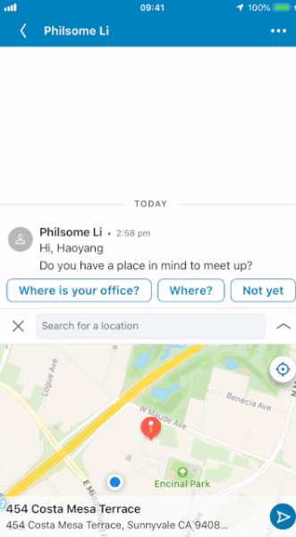 LinkedIn kunngjorde et nytt tillegg til meldingsfunksjonaliteten som gjør det mulig for brukere å dele sin plassering, eller et sted i nærheten, for å møtes.