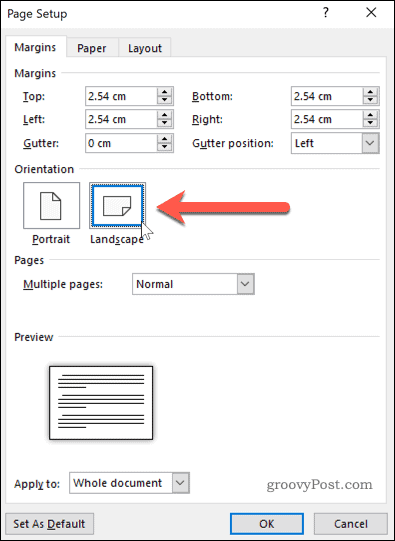 Innstiller sideorientering til liggende modus i Word