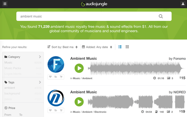Søk gjennom AudioJungles robuste bibliotek med royaltyfri musikk og lydspor fra $ 1.
