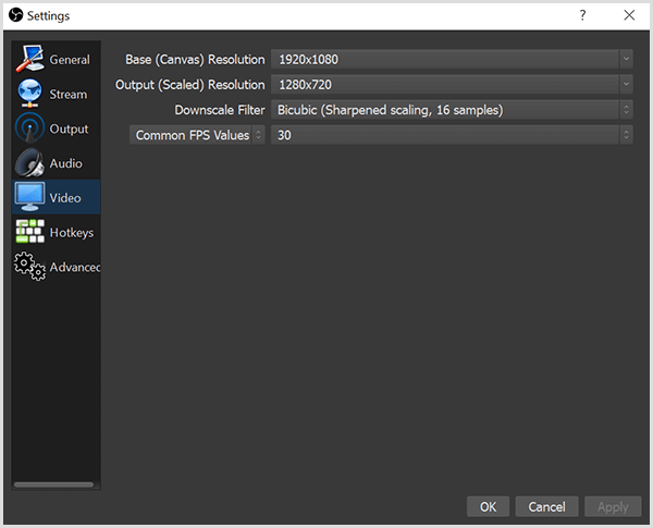 Dialogboksen OBS Studio-innstillinger har alternativer i Video-fanen for å angi basisoppløsningen og deg vår utgangsoppløsning. Boksen har også muligheter for et nedskaleringsfilter og FPS, eller bilder per sekund.