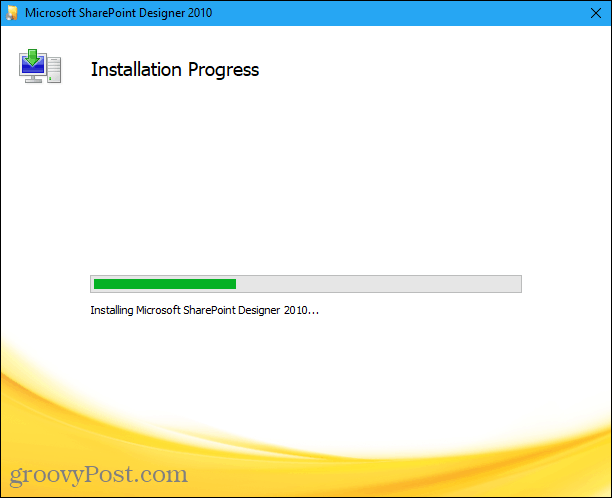 Installasjonsfremdrift for installering av Microsoft Office Picture Manager i Sharepoint Designer 2010-installasjonen