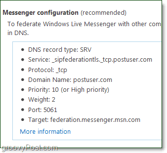 konfigurer Messenger-konfigurasjonen for å bruke Windows Live Messenger med domenet ditt