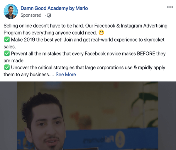 Hvordan skrive og strukturere tekstbaserte Facebook-sponsede innlegg i lengre form, type 1-problem og løsning, eksempel av Damn Good Academy av Mario