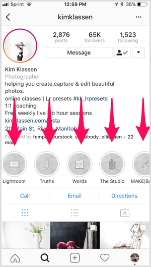 Instagram-merkede høydepunkter på Kim Klassen-profilen.