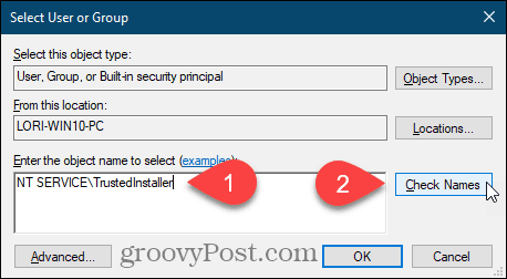 Skriv inn brukernavn og klikk Kontroller navn for en Windows-registernøkkel
