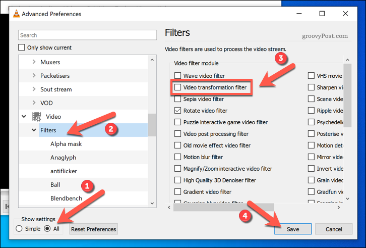 Aktivere filtre for videotransformasjon i VLC på Windows