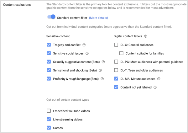Innstillinger for innholdsekskludering for Google AdWords-kampanje.