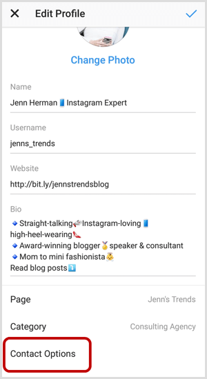 Kontaktalternativer på Instagram Rediger profilskjermbildet