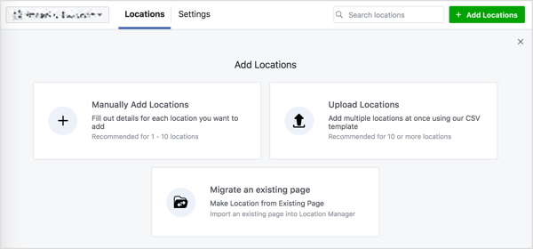 Du ser tre alternativer for å legge til steder på Facebook-siden din.