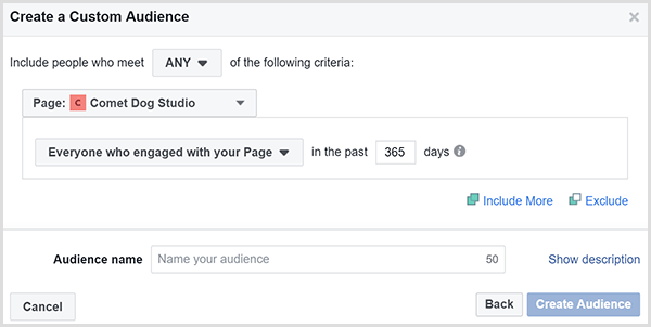 Dialogboksen Facebook Create a Custom Audience (Opprett en tilpasset målgruppe) lar deg målrette annonser mot personer som har engasjert seg på nettstedet ditt innen en bestemt tidsramme.