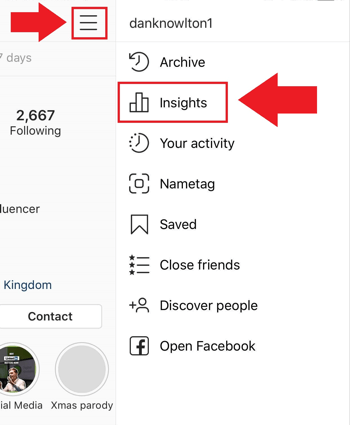 Sosiale medier markedsføringsstrategi; Skjermbilde av hvor du får tilgang til Instagram Insights på Instagram-appen.