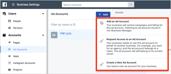 Du har tre alternativer for å få tilgang til en annonsekonto i Business Manager.
