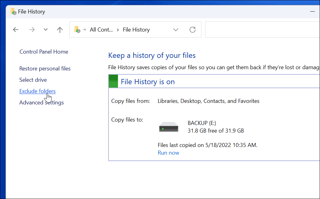 Ekskluder bruk av filhistorikk på Windows 11