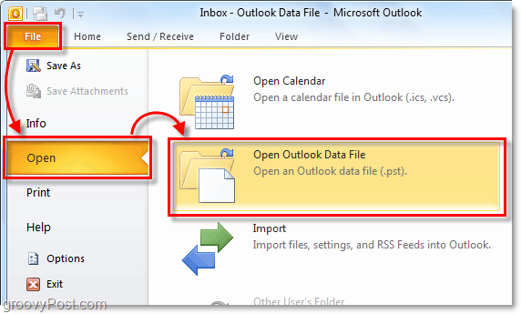 åpne mappen som inneholder pst-arkivet fra Outlook 2010