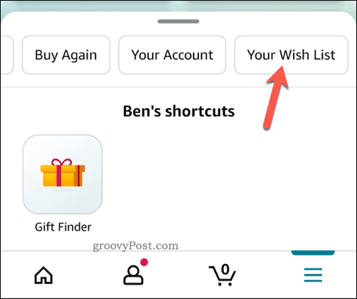 Åpne ønskeliste-menyen i Amazon-appen