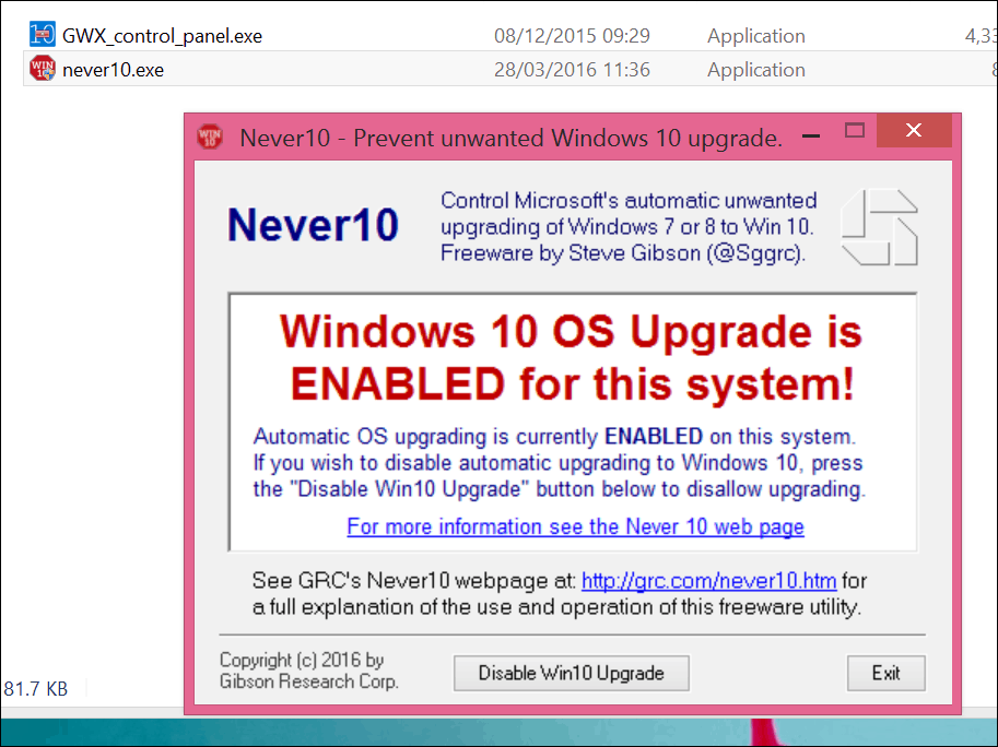 Stopp Windows 10-oppgraderingen med Never 10 eller GWX-appen selv