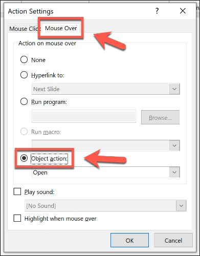 Angi et objekt som skal åpnes med en mus over i PowerPoint