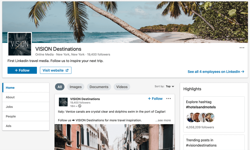 LinkedIn-selskapsside for VISION Destinations